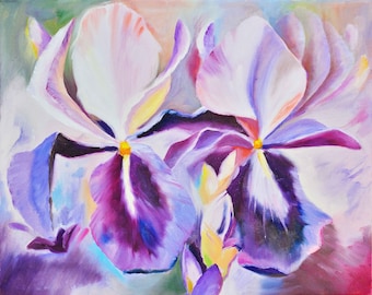 Purple Iris Painting, Original Artwork, Flowers Painting, Wall Hanging, Wedding Gift, Original Oil Painting, Kitchen Wall Decor, Home Gift