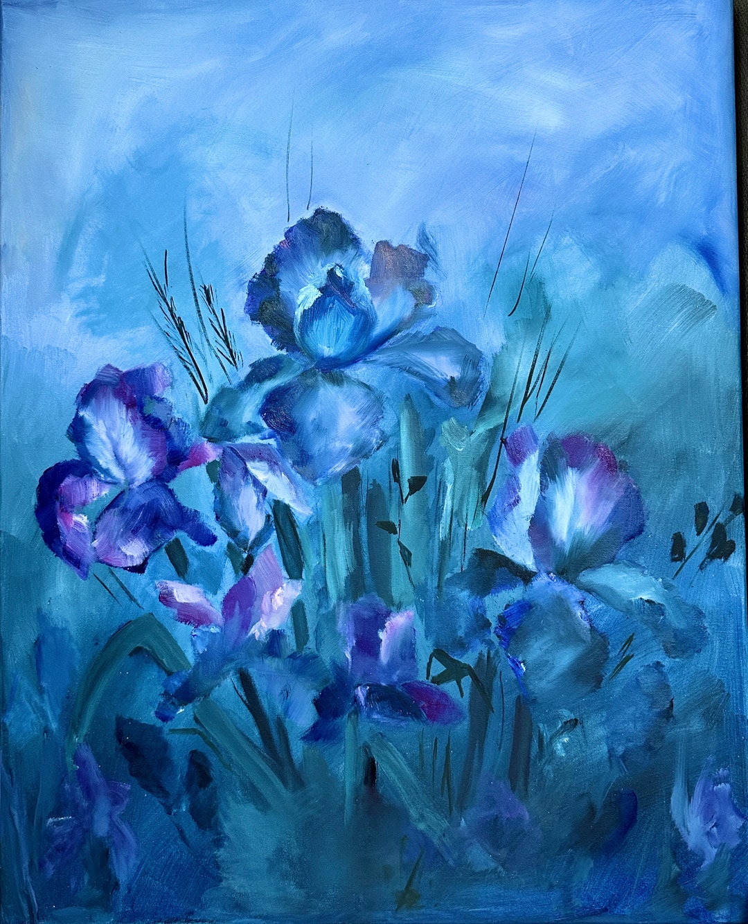 Purple Blue Iris Flower Oil Painting on Canvas, Abstract Floral ...