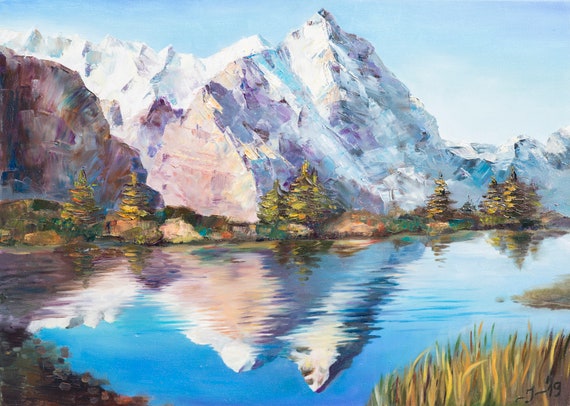 Ein Aquarell Landschaft Malerei, Blick auf die Berge in Teal Blue  Stockfotografie - Alamy