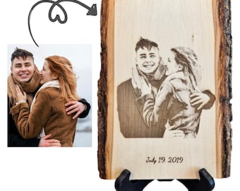 Personalized Photo and Text Engraved Wood Plaque with Natural Bark Edge Custom Rustic Sign for Anniversary Memorial Wedding Gift