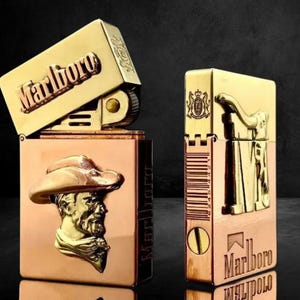 Marlboro Cowboy Lighter: Refillable Gold & Copper Western Gift