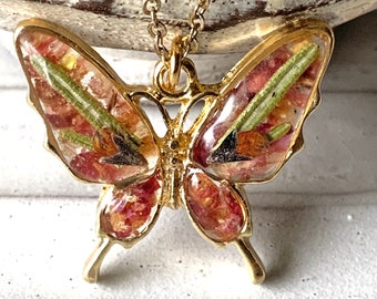 Rosemary & Rose Confetti Butterfly Necklace, Resin Necklace Girlfriend Gift, Real Dried Pressed Flower Necklace, Nature Jewelry for Mom