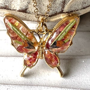 Rosemary & Rose Confetti Butterfly Necklace, Resin Necklace Girlfriend Gift, Real Dried Pressed Flower Necklace, Nature Jewelry for Mom