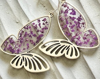 Lilac Flower Butterfly Earrings, Purple Flower Resin Earrings Girlfriend Gift, Real Dried Pressed Flower Earrings, Nature Jewelry for Mom