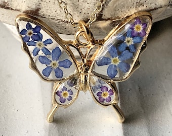 Collar de mariposa azul, no me olvides, collar de resina regalo de mamá, collar de flores reales prensadas secas, regalo de novia de joyería de la naturaleza