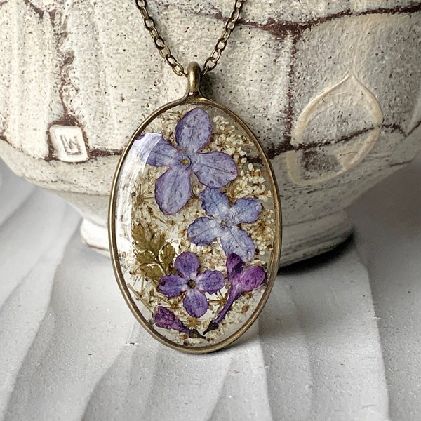 Real Lilac, Lace & Fern Necklace, Dried Flowers Resin Jewelry, Pressed Purple Flower Necklace Girlfriend Gift,Mothers Day Gift From Daughter