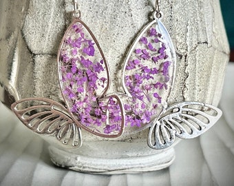 Pendientes de mariposa púrpura lila, joyería natural de flores prensadas secas reales para mamá, día de la madre, de hija, regalo de novia, joyería de ala