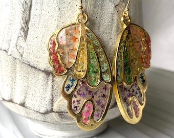 14k Gold Flower Earrings, Rainbow Butterfly Wings, Pressed Flower Resin Earrings,Real Dried Nature Jewelry Girlfriend Gift For Her,Gay Pride