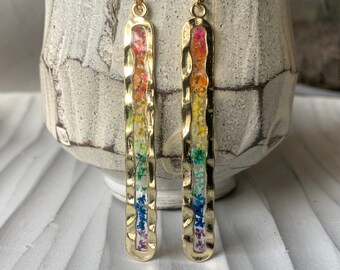 Rainbow Flower Bar Earrings, 14k Gold Flower Earrings, Real Dried Pressed Flower Resin Nature Jewelry Girlfriend Gift,Pride Earrings for Mom