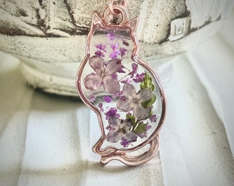 Collar de flores de gato púrpura, joyería de resina de flores secas, regalo de novia de joyería de la naturaleza, collar de resina de flores prensadas, regalo de mamá para mujer