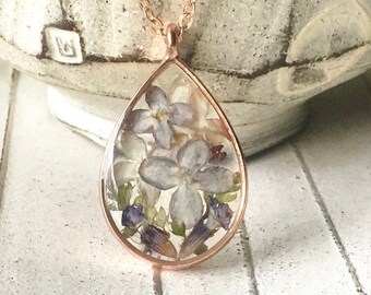 Real Lilac Flower Fern Lavender Pendant, Rose Gold Teardrop Necklace, Purple Flower Necklace Girlfriend Gift, Pressed Flower Resin Necklace