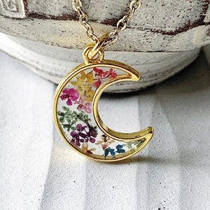 Rainbow Pressed Flower Moon Necklace, Nature Jewelry Girlfriend Gift, Dried Flowers Resin Jewelry,Flower Necklace Mom Gift,Gay Pride Jewelry image 1