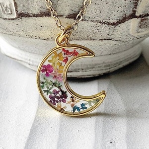 Rainbow Pressed Flower Moon Necklace, Nature Jewelry Girlfriend Gift, Dried Flowers Resin Jewelry,Flower Necklace Mom Gift,Gay Pride Jewelry image 6