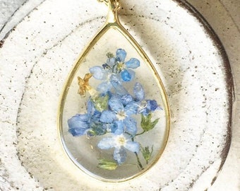 Forget Me Not Real Dried Flower Resin Necklace, Pressed Flower Teardrop Necklace, Something Blue Wedding Gift, Mothers Day, Wedding Gift