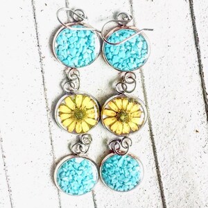 Long Turquoise Sunflower Earrings, Sterling Silver Circle Earrings, Yellow Pressed Flower Dangle Earrings, Real Dried Flowers Resin Jewelry image 4