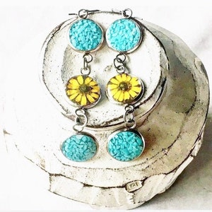 Long Turquoise Sunflower Earrings, Sterling Silver Circle Earrings, Yellow Pressed Flower Dangle Earrings, Real Dried Flowers Resin Jewelry image 2