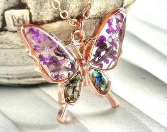 Abalone Shell Butterfly Necklace, Lilac Purple Blue Gold Flower Charm Necklace, Real Dried Pressed Nature Jewelry Girlfriend Gift for Mom