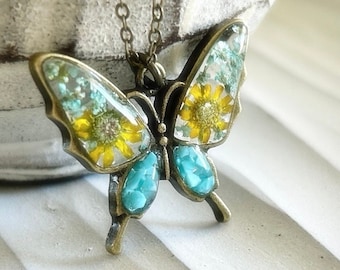 Turquoise Blue Butterfly Necklace Sunflower Jewelry, Yellow Real Dried Pressed Resin Charm, Rose Gold Nature Jewelry Girlfriend Gift for Mom