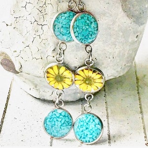 Long Turquoise Sunflower Earrings, Sterling Silver Circle Earrings, Yellow Pressed Flower Dangle Earrings, Real Dried Flowers Resin Jewelry image 6