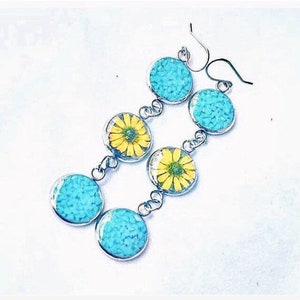 Long Turquoise Sunflower Earrings, Sterling Silver Circle Earrings, Yellow Pressed Flower Dangle Earrings, Real Dried Flowers Resin Jewelry image 3
