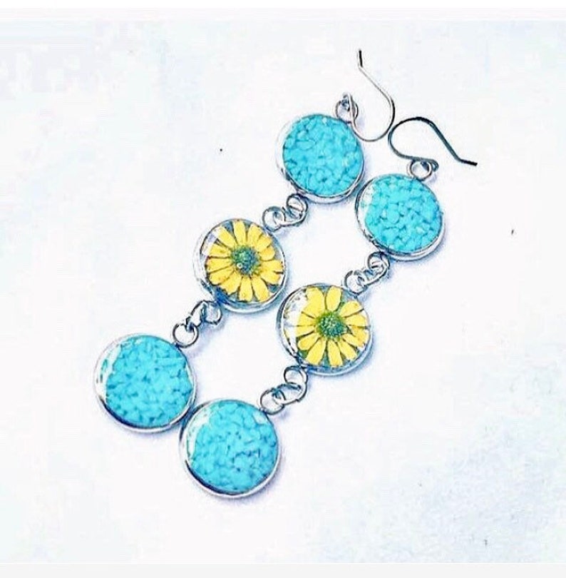 Long Turquoise Sunflower Earrings, Sterling Silver Circle Earrings, Yellow Pressed Flower Dangle Earrings, Real Dried Flowers Resin Jewelry image 3