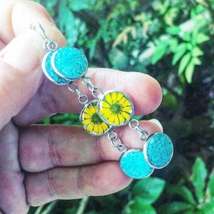 Long Turquoise Sunflower Earrings, Sterling Silver Circle Earrings, Yellow Pressed Flower Dangle Earrings, Real Dried Flowers Resin Jewelry image 5