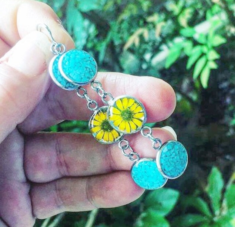 Long Turquoise Sunflower Earrings, Sterling Silver Circle Earrings, Yellow Pressed Flower Dangle Earrings, Real Dried Flowers Resin Jewelry image 5
