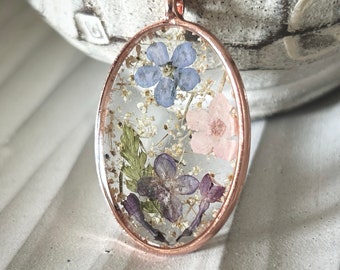 Forget Me Not Necklace, Pressed Flower Pendant Necklace, Dried Flowers Resin Jewelry, Nature Jewelry Gift For Her, Rose Gold Flower Necklace