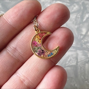 Rainbow Pressed Flower Moon Necklace, Nature Jewelry Girlfriend Gift, Dried Flowers Resin Jewelry,Flower Necklace Mom Gift,Gay Pride Jewelry image 8