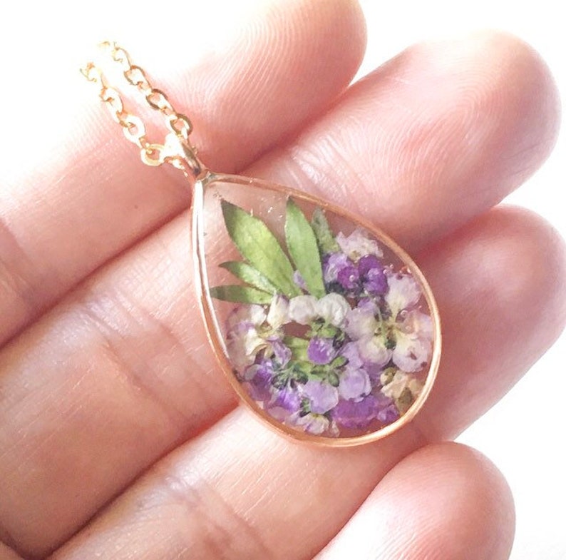 Real Dried Purple Flower Necklace, Pressed Flower Resin Necklace, Rose Gold Flower Necklace Girlfriend Gift, Nature Jewelry Gift For Her image 4