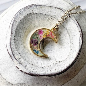 Rainbow Pressed Flower Moon Necklace, Nature Jewelry Girlfriend Gift, Dried Flowers Resin Jewelry,Flower Necklace Mom Gift,Gay Pride Jewelry image 2