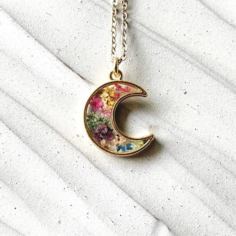 Rainbow Pressed Flower Moon Necklace, Nature Jewelry Girlfriend Gift, Dried Flowers Resin Jewelry,Flower Necklace Mom Gift,Gay Pride Jewelry image 7