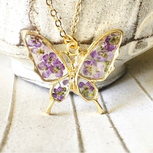 Alyssum Purple Butterfly Pendant, Butterfly Necklace Gold Real Flower Jewelry, Pressed Flower Resin Jewelry, Nature Jewelry Gift For Her