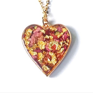 Rose Petal Confetti Necklace, Gold Leaf Resin Necklace, Red Heart Gold Necklace, Rose Gold Heart Necklace, Pressed Flower Pendant Necklace