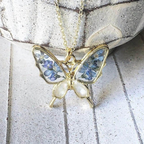 Blue Butterfly Necklace forget Me Not Mother of Pearl Resin