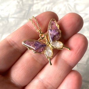 Lilac Flower Butterfly Necklace, Mother of Pearl, Resin Necklace Girlfriend Gift, Real Dried Pressed Flower Necklace, Nature Jewelry for Mom image 4