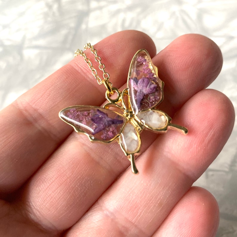 Lilac Flower Butterfly Necklace, Mother of Pearl, Resin Necklace Girlfriend Gift, Real Dried Pressed Flower Necklace, Nature Jewelry for Mom image 4