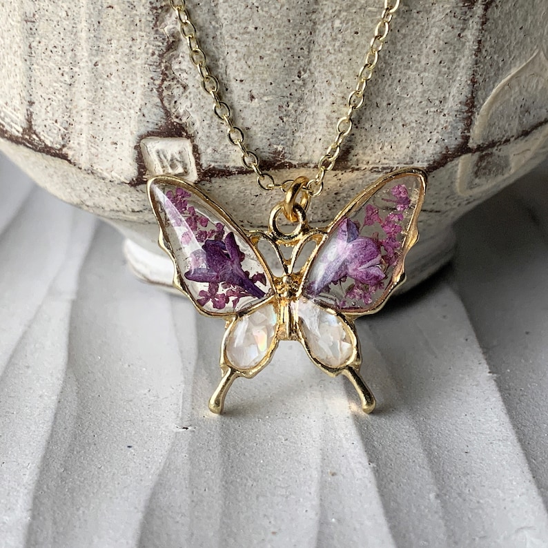 Lilac Flower Butterfly Necklace, Mother of Pearl, Resin Necklace Girlfriend Gift, Real Dried Pressed Flower Necklace, Nature Jewelry for Mom image 10