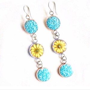 Long Turquoise Sunflower Earrings, Sterling Silver Circle Earrings, Yellow Pressed Flower Dangle Earrings, Real Dried Flowers Resin Jewelry image 7