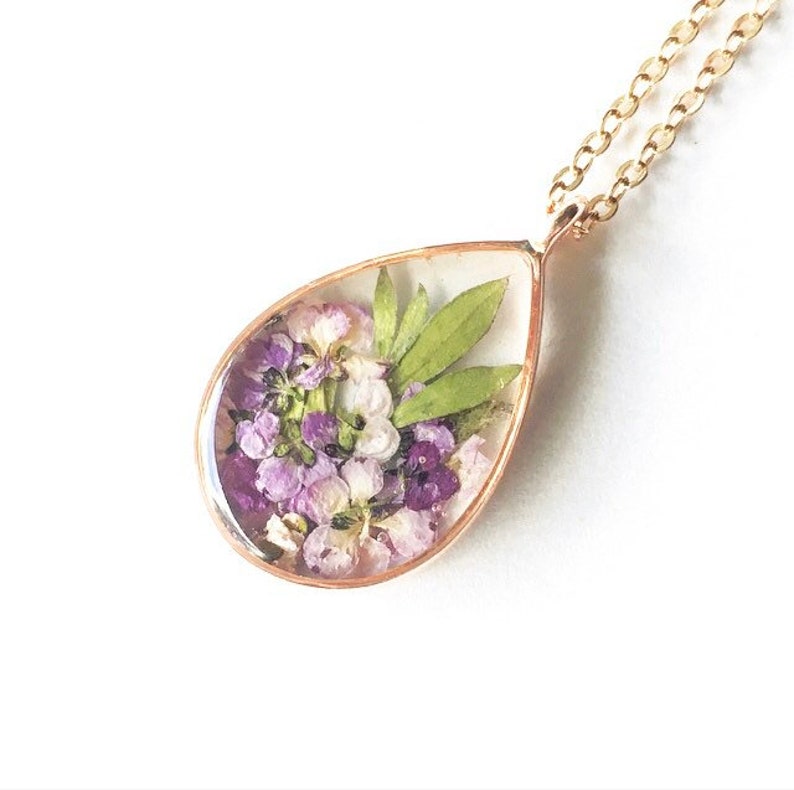 Real Dried Purple Flower Necklace, Pressed Flower Resin Necklace, Rose Gold Flower Necklace Girlfriend Gift, Nature Jewelry Gift For Her image 7