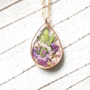 Real Dried Purple Flower Necklace, Pressed Flower Resin Necklace, Rose Gold Flower Necklace Girlfriend Gift, Nature Jewelry Gift For Her image 3
