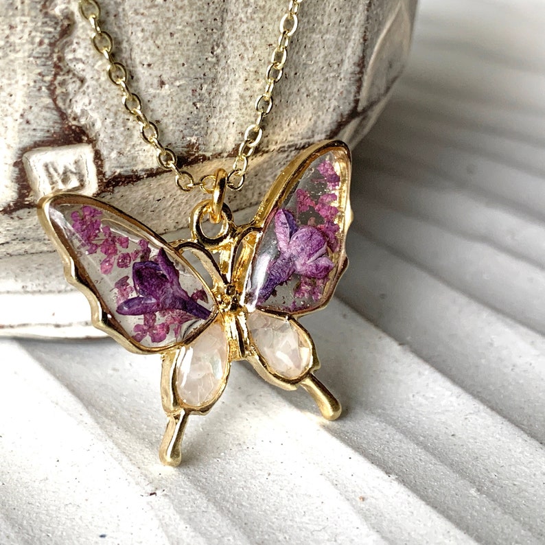 Lilac Flower Butterfly Necklace, Mother of Pearl, Resin Necklace Girlfriend Gift, Real Dried Pressed Flower Necklace, Nature Jewelry for Mom image 1