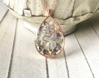 Real Lilac Flower Fern Lavender Antique Bronze Pendant Necklace, Purple Flower Necklace Girlfriend Gift, Pressed Flower Resin Necklace