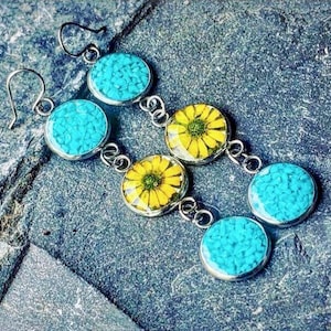 Long Turquoise Sunflower Earrings, Sterling Silver Circle Earrings, Yellow Pressed Flower Dangle Earrings, Real Dried Flowers Resin Jewelry image 1