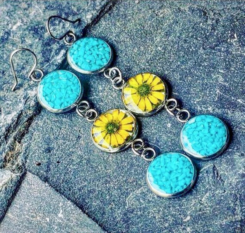 Long Turquoise Sunflower Earrings, Sterling Silver Circle Earrings, Yellow Pressed Flower Dangle Earrings, Real Dried Flowers Resin Jewelry image 1