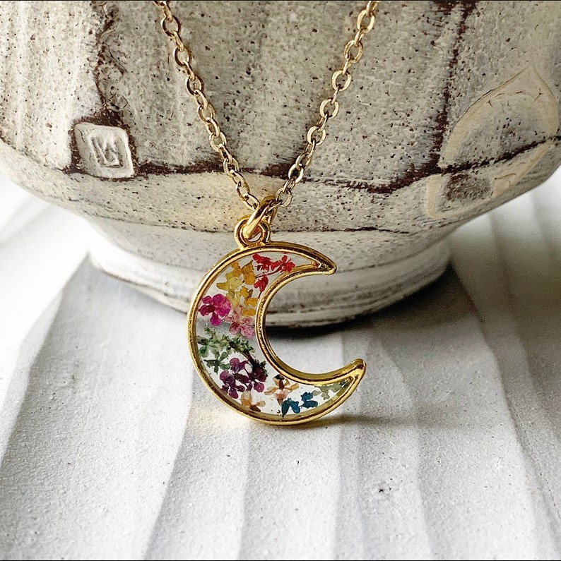 Rainbow Pressed Flower Moon Necklace, Nature Jewelry Girlfriend Gift, Dried Flowers Resin Jewelry,Flower Necklace Mom Gift,Gay Pride Jewelry image 9