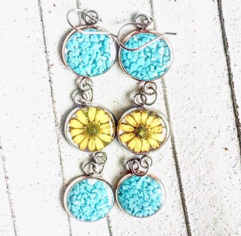 Long Turquoise Sunflower Earrings, Sterling Silver Circle Earrings, Yellow Pressed Flower Dangle Earrings, Real Dried Flowers Resin Jewelry image 4