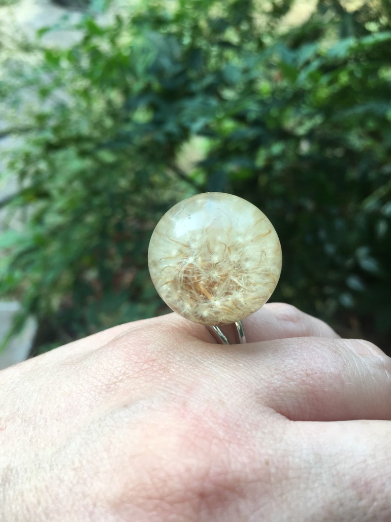 Sterling Silver Dandelion Terrarium Ring Real Flower Jewelry Flower Resin Ring Real Nature Jewelry Seed Wish Plant Ring