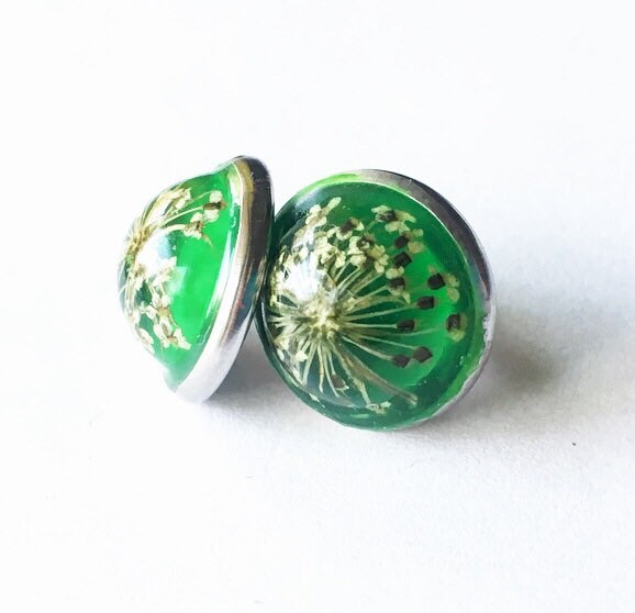 Pressed Flower Resin Earrings Dark Green Stud Earrings Etsy