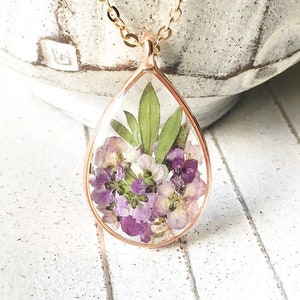 Real Dried Purple Flower Necklace, Pressed Flower Resin Necklace, Rose Gold Flower Necklace Girlfriend Gift, Nature Jewelry Gift For Her image 1